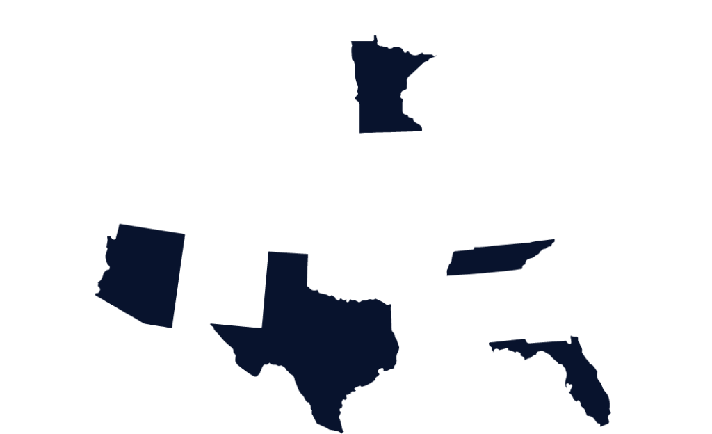 United States Map showing our product are available in: Nevada, Texas, Minnesota, Tennessee and Florida