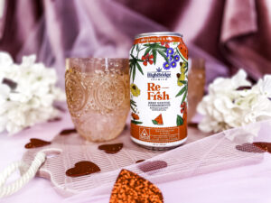 Re-Frsh Botanical Seltzer with a pink background, flowers and red hearts